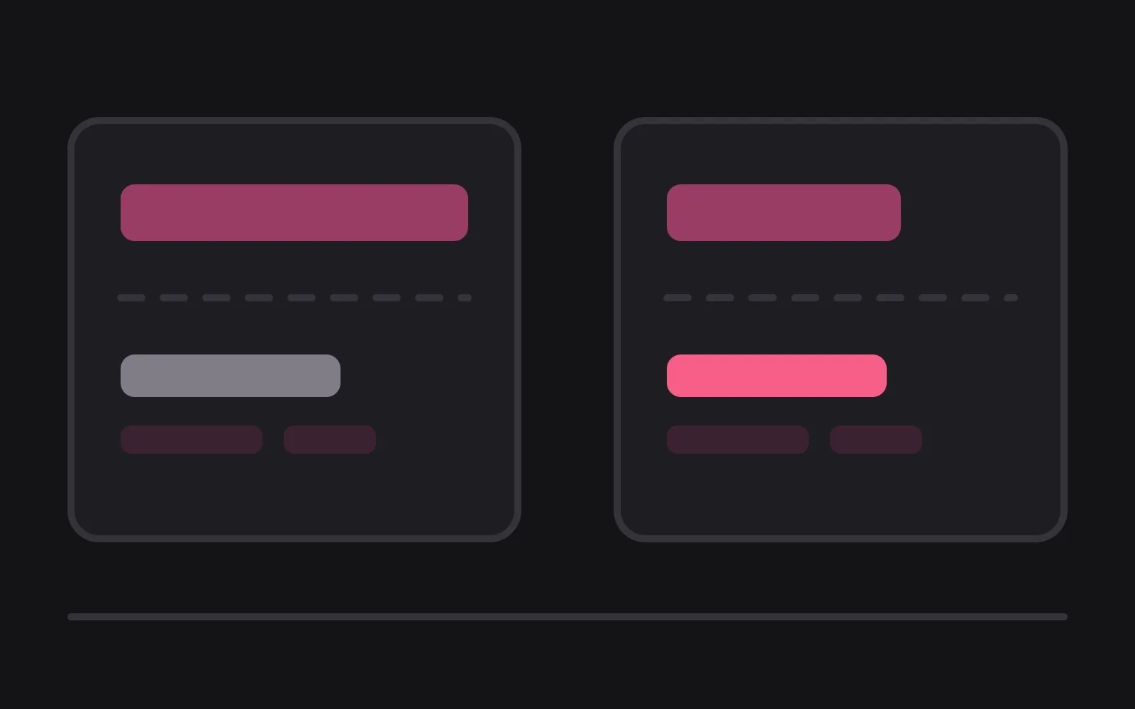 Two panels side by side, the left with a long pale price bar above a muted grey name block, the right with a shorter price bar above a name block drawn in the deepest colour