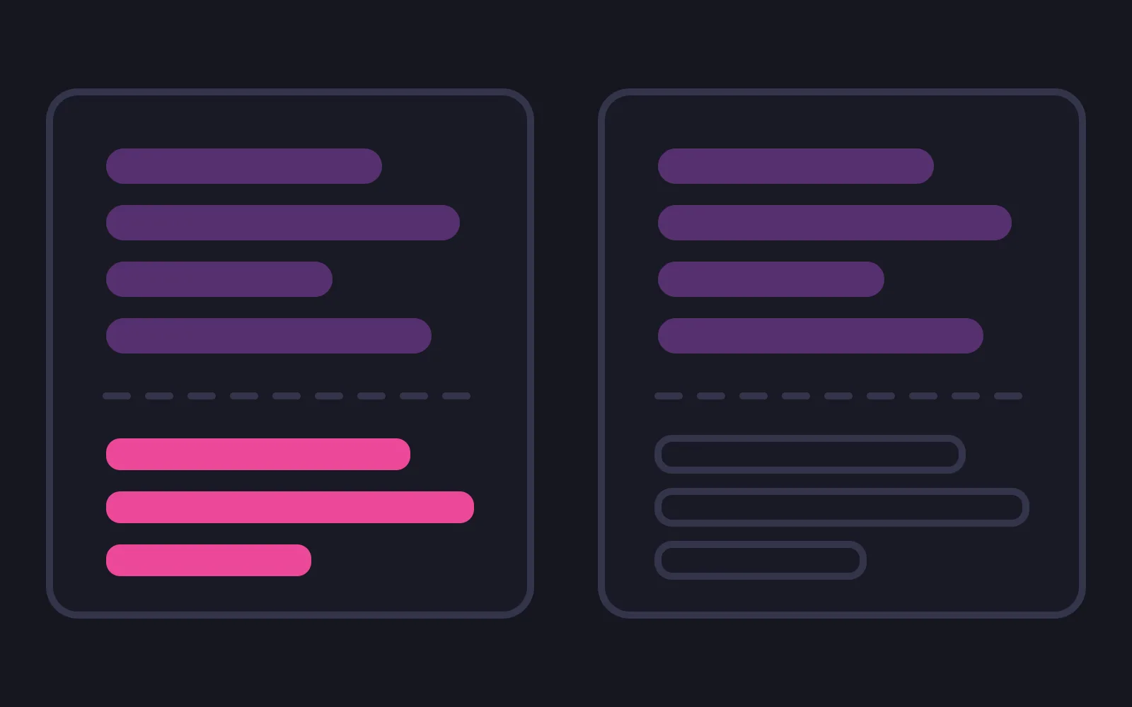 Two identical panels each holding four muted message bars above three narrow rows, the left panel's rows filled bright and the right panel's rows drawn as empty outlines