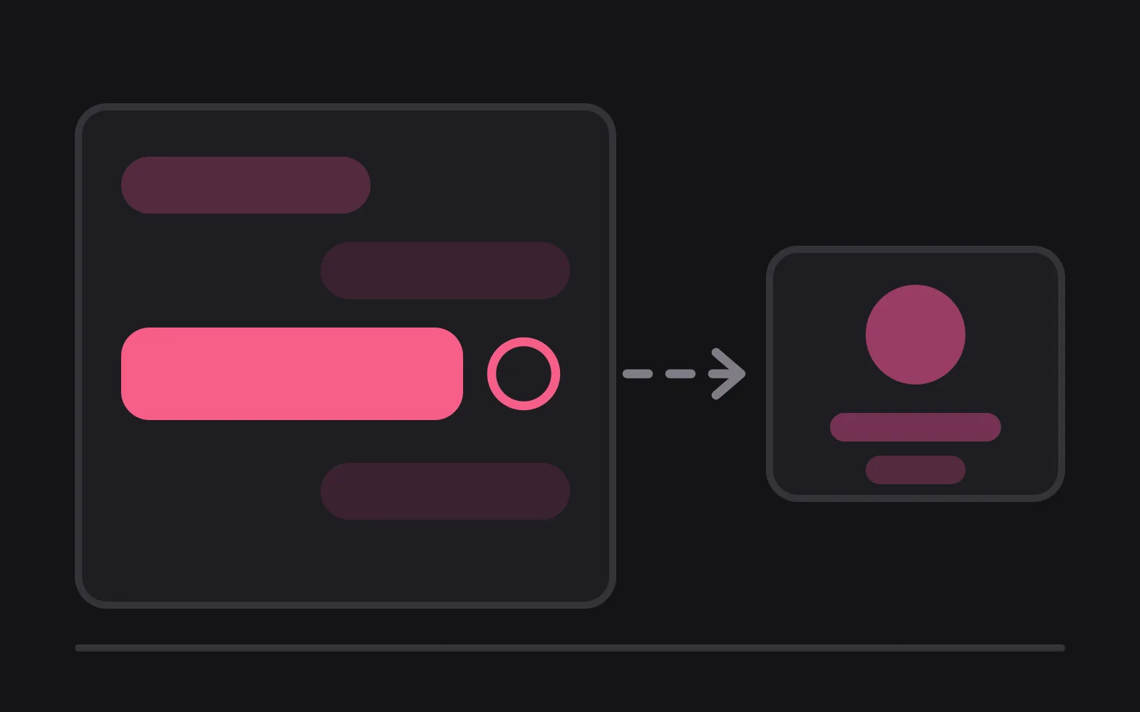A chat panel of pale message bubbles in which one bubble is drawn in the deepest colour with a coin beside it, and a dashed line running from it out to a small shop box