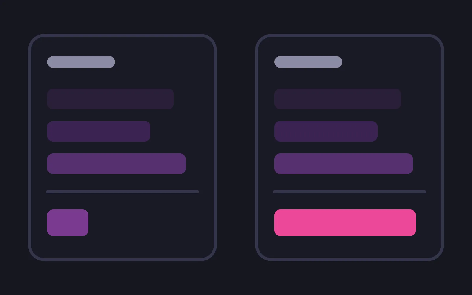 Two listing panels with identical top rows, divided by a rule above a final row that is short on one panel and runs nearly the full width on the other