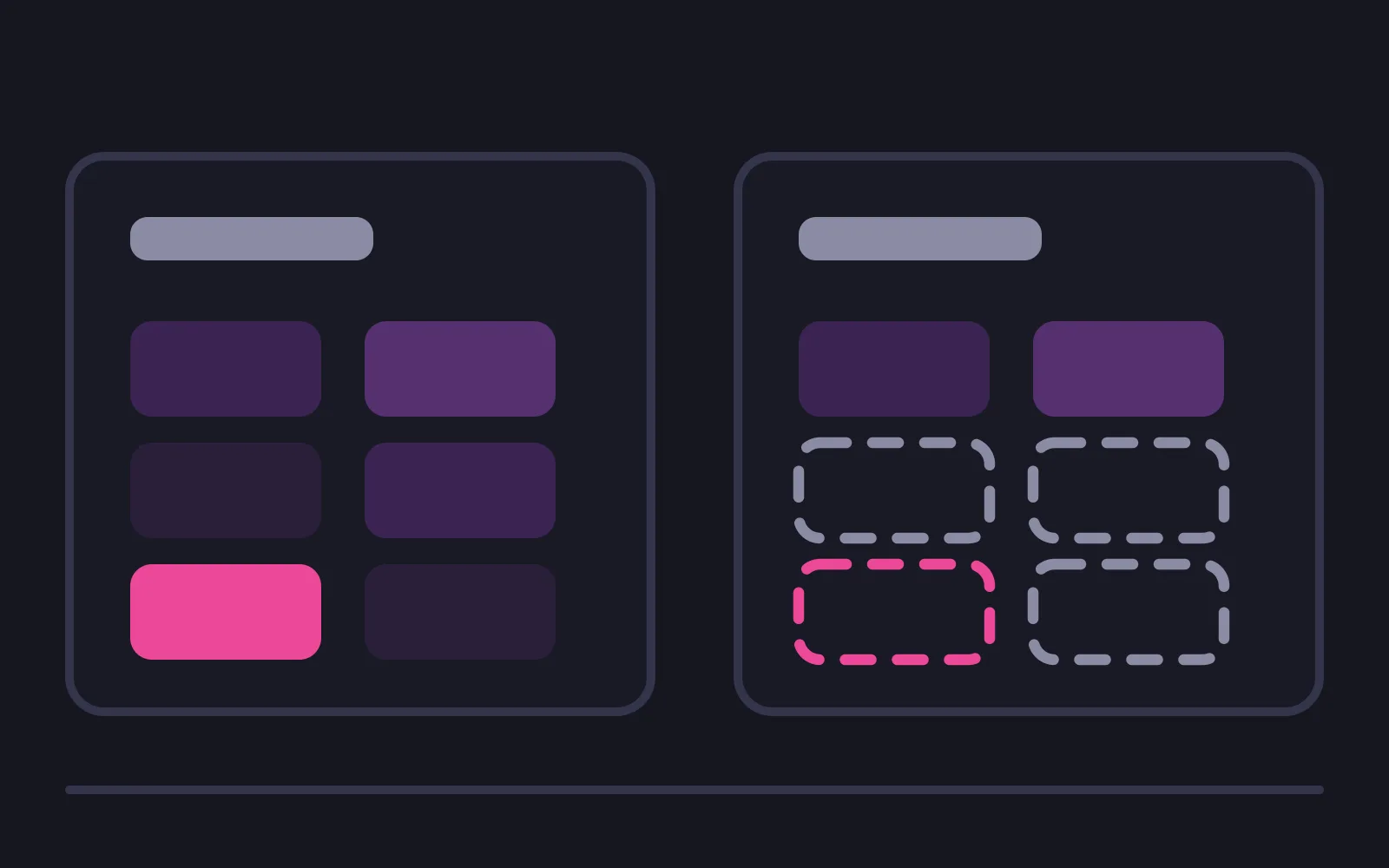 Two device cards side by side: on the left every app tile is filled in, including one in the deepest colour, on the right only the top two tiles are filled and the rest are empty dashed outlines, the deepest-coloured one among them